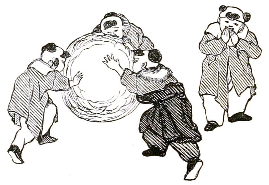 Woodcut of boys rolling a large snowball, 1860